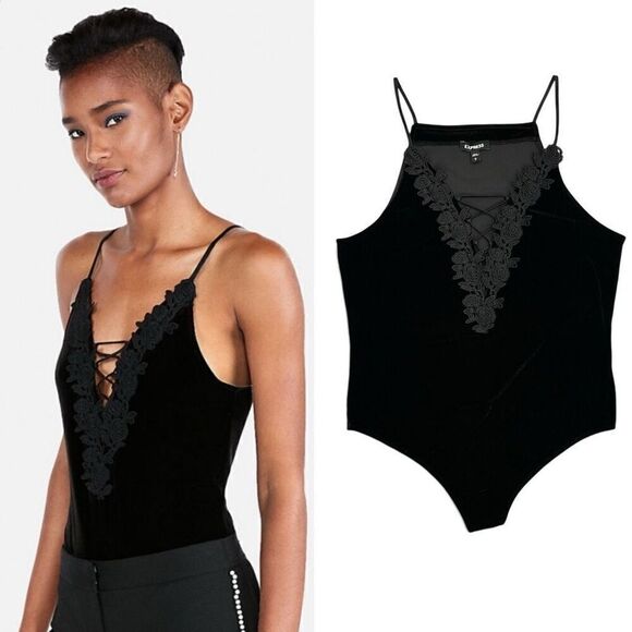Express Black Velvet Stretchy Lace Up Bodysuit Sz Large Dark Romance Whimsigoth - Picture 1 of 8